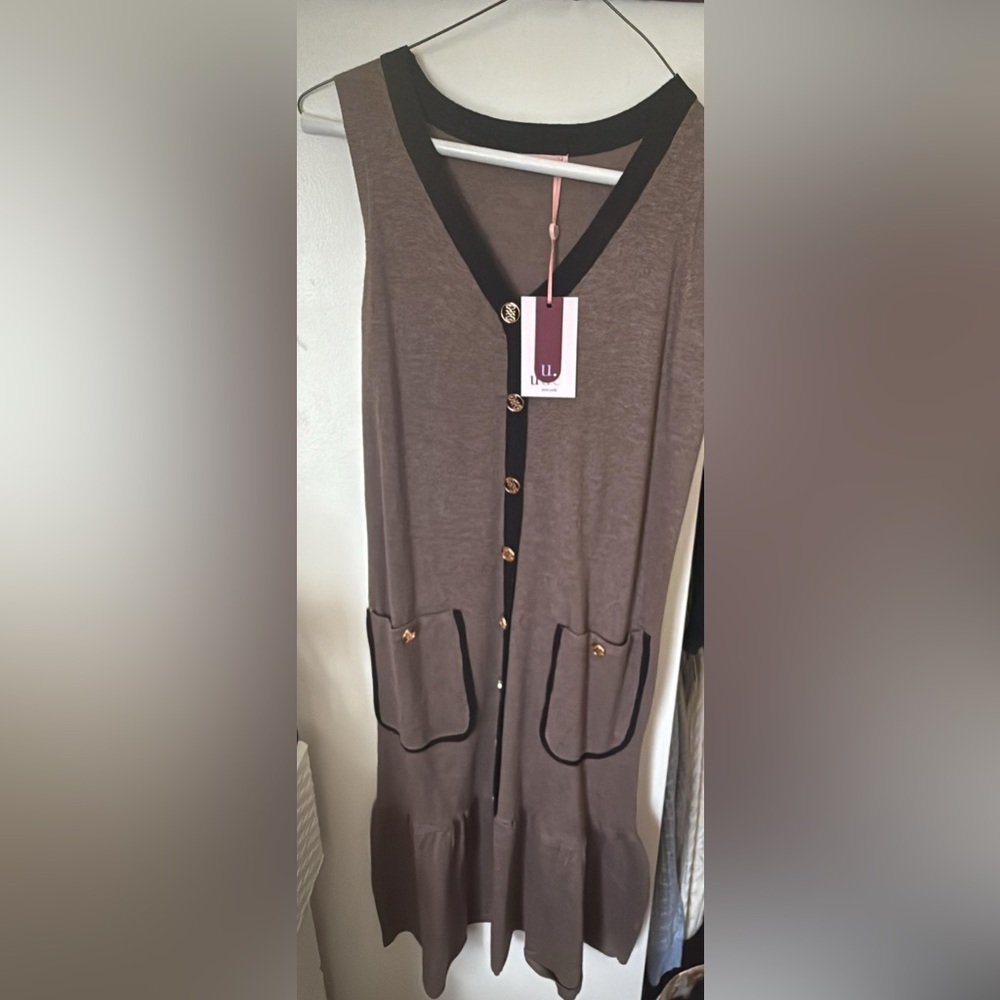 Taupe Cardigan Vest with Black Trim and Gold Buttons